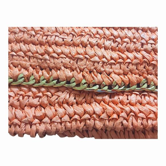 H & M Women's Orange Straw Woven Magnetic Clutch Zip Fold Over Purse 9" - Picture 2 of 8